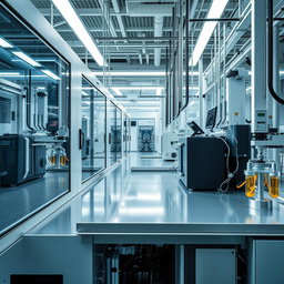 A contemporary and sophisticated scene combining lithium-ion technology and biotechnology, showcasing a high-tech production environment without any workers present
