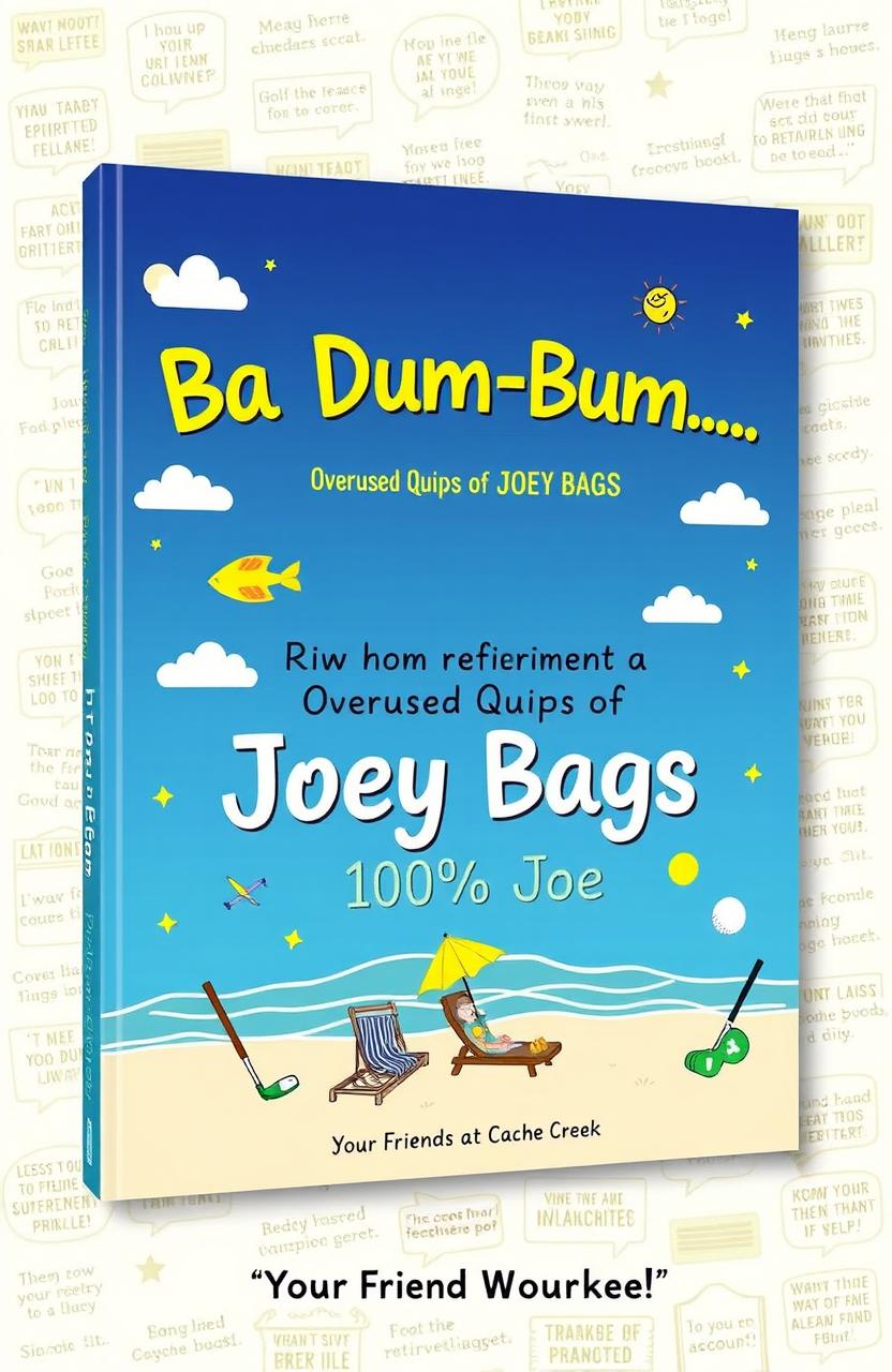 A beautifully designed cover for a retirement book titled 'Ba Dum-Bum… Overused Quips of Joey Bags (100% Joe)' by 'Your Friends at Cache Creek'