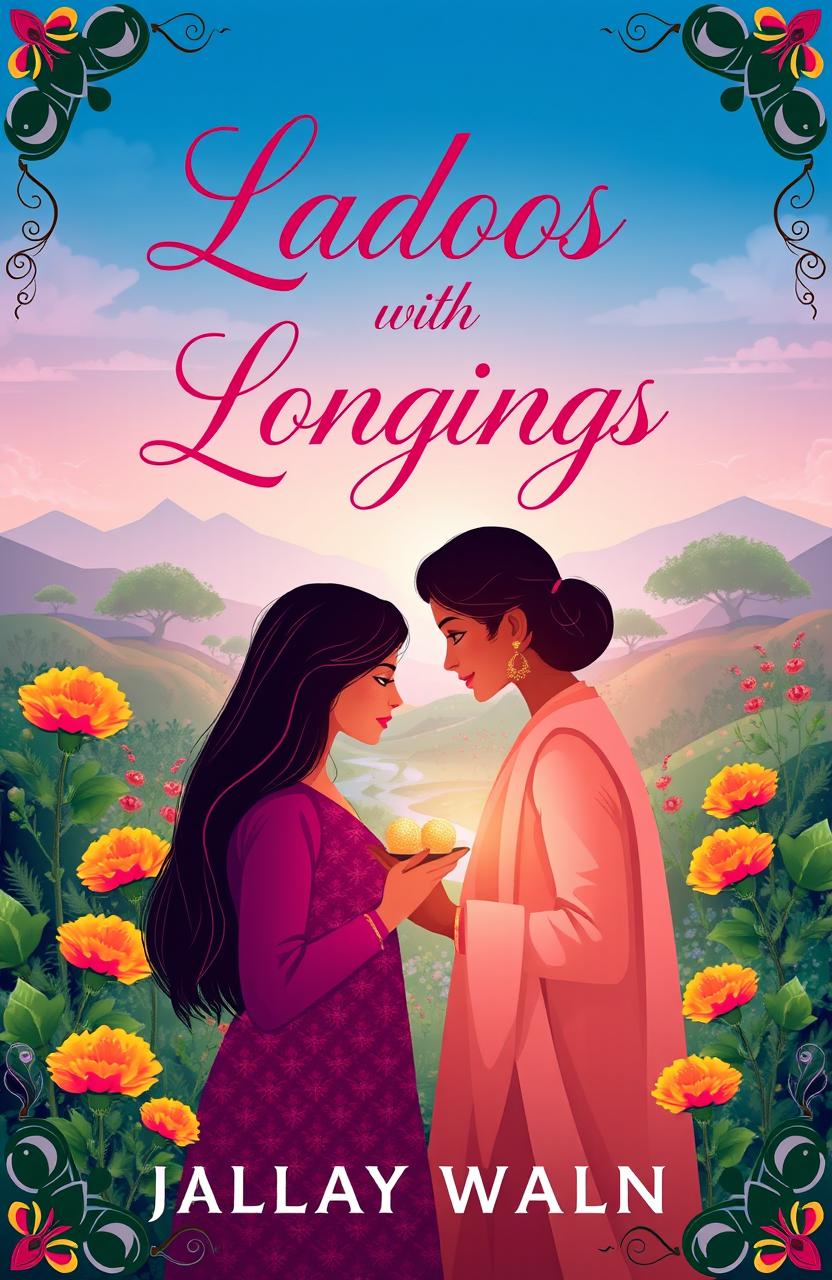 A romantic novel cover design featuring a beautiful scenic background reminiscent of Indian culture, displaying a lush landscape with traditional elements like vibrant marigolds and intricate patterns