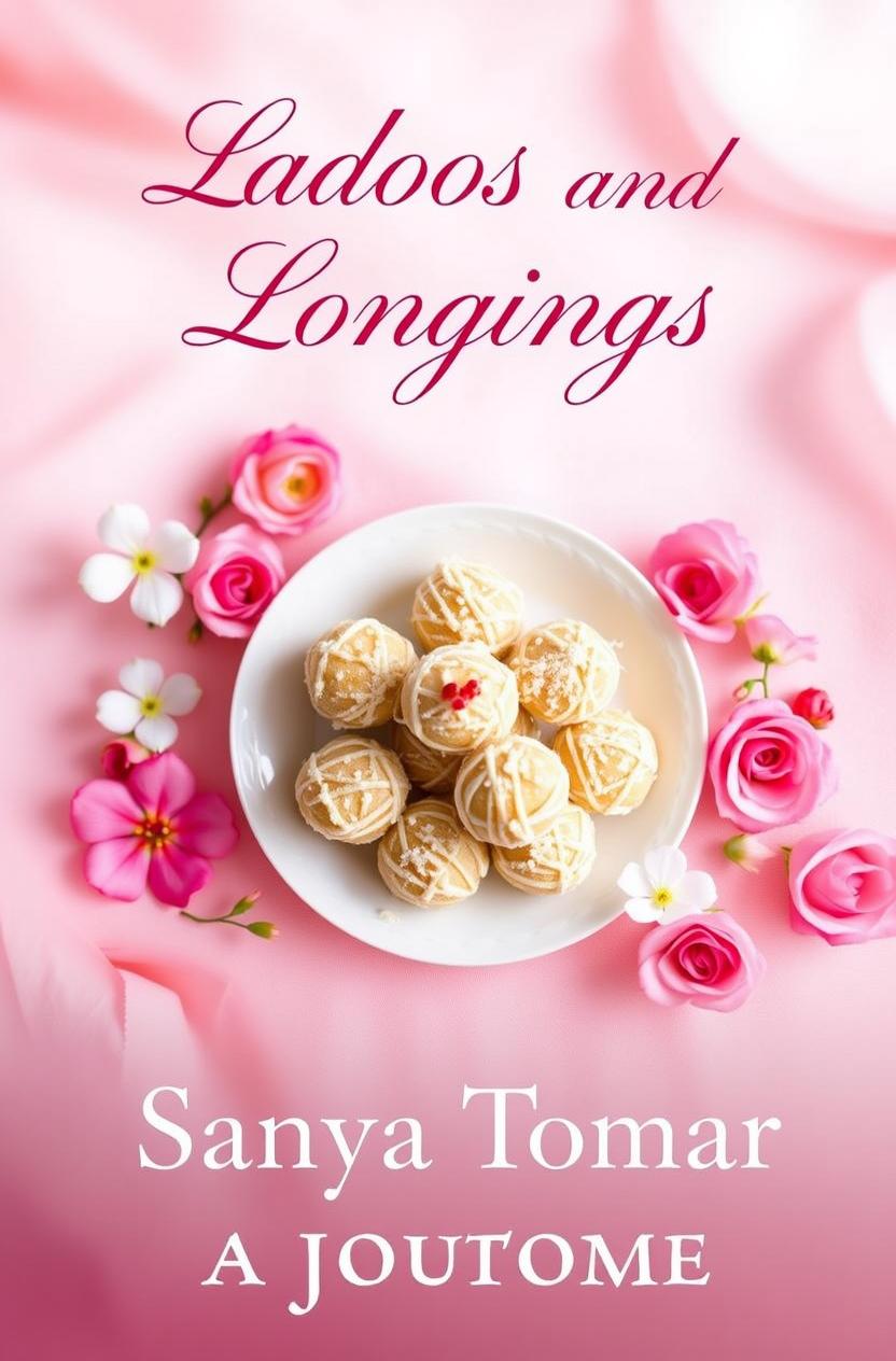 A romantic novel cover titled "Ladoos and Longings" by Sanya Tomar