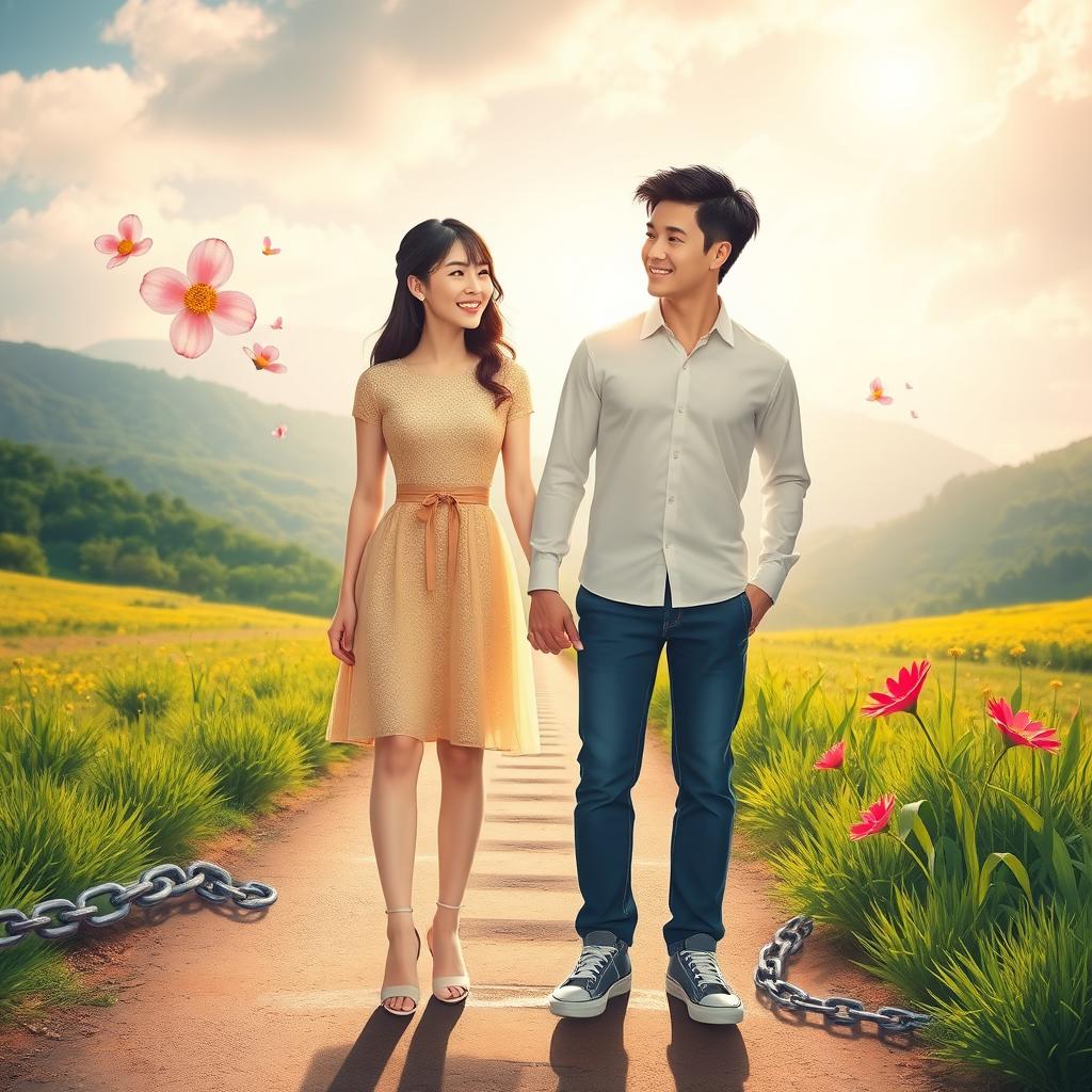 A heartfelt scene depicting Su Yun and Li Hao, a couple standing on a sunlit path, symbolizing their journey of love and personal growth