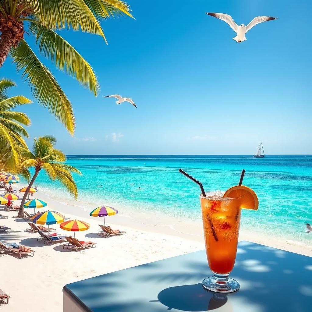 A captivating scene of a luscious and vibrant beach, featuring clear turquoise waters gently lapping at a pristine shore