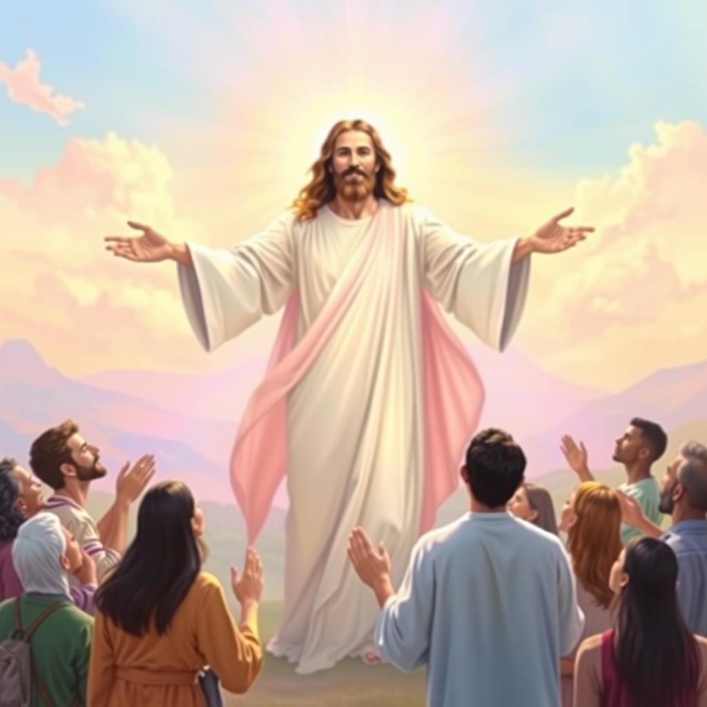 A serene and vibrant scene depicting a compassionate healer figure symbolizing Christ, surrounded by ethereal light, with people of diverse backgrounds showing hope and spiritual upliftment