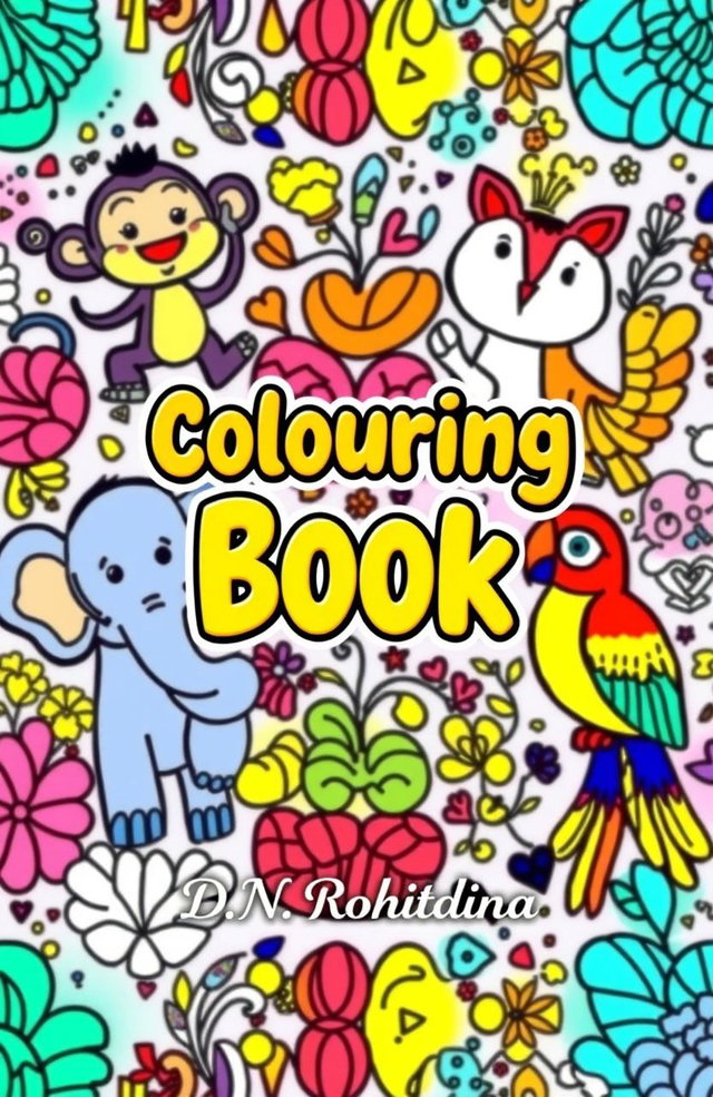 A vibrant and colorful book cover for an animal-themed coloring book, featuring a variety of whimsical and engaging cartoon-style animals including a playful monkey, a cheerful elephant, a curious cat, and a colorful parrot