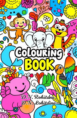 A vibrant and colorful book cover for an animal-themed coloring book, featuring a variety of whimsical and engaging cartoon-style animals including a playful monkey, a cheerful elephant, a curious cat, and a colorful parrot