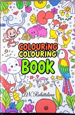 A vibrant and colorful book cover for an animal-themed coloring book, featuring a variety of whimsical and engaging cartoon-style animals including a playful monkey, a cheerful elephant, a curious cat, and a colorful parrot