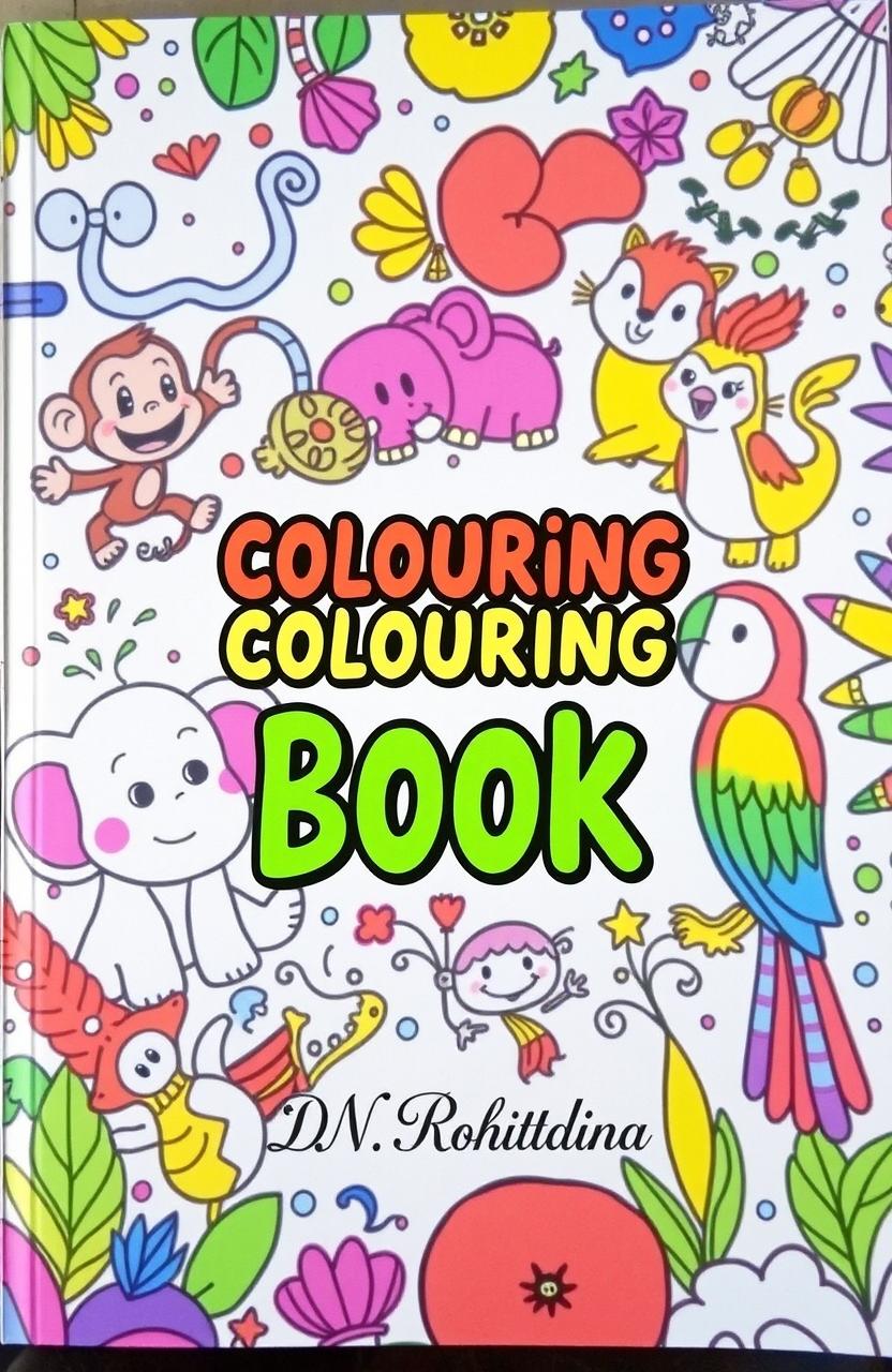 A vibrant and colorful book cover for an animal-themed coloring book, featuring a variety of whimsical and engaging cartoon-style animals including a playful monkey, a cheerful elephant, a curious cat, and a colorful parrot