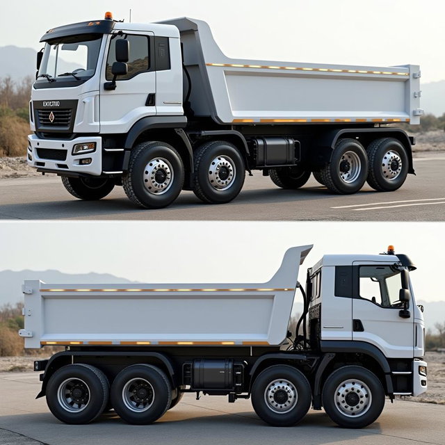 A robust electric dump truck with a six-wheel design, featuring a sleek white cabin
