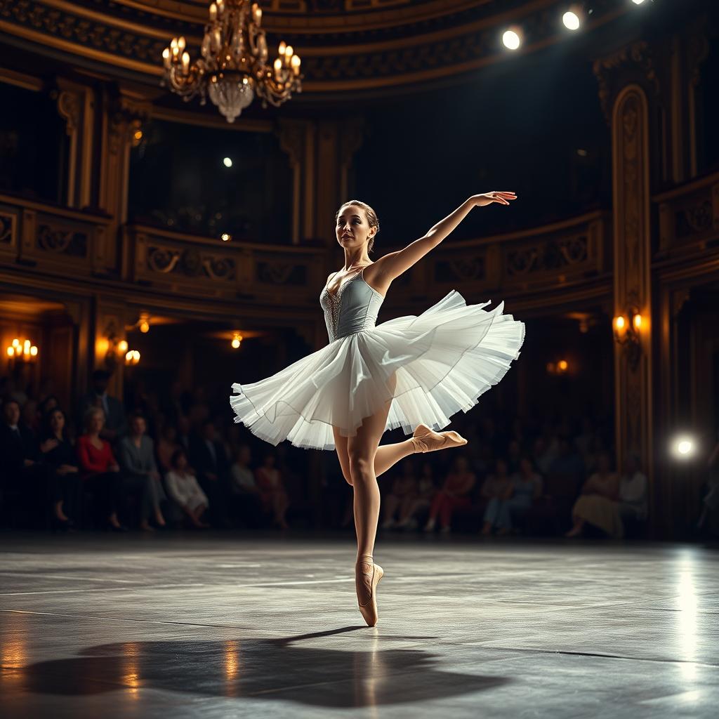 A mesmerizing dance scene showcasing a skilled ballerina in mid-pirouette, her delicate tutu fluttering elegantly around her