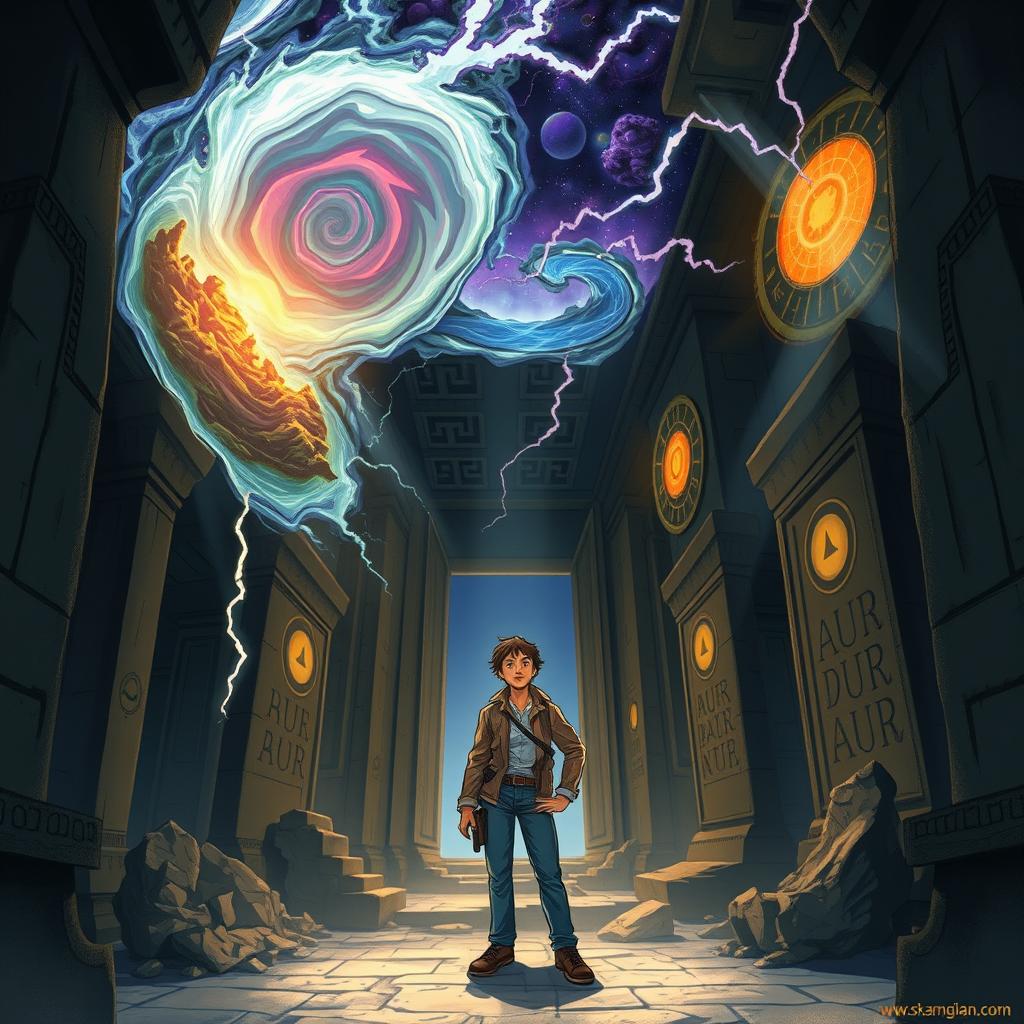 An intriguing and mystical illustration depicting the protagonist in a shadowy, ancient temple, exploring the ruins connected to a powerful ancient ritual