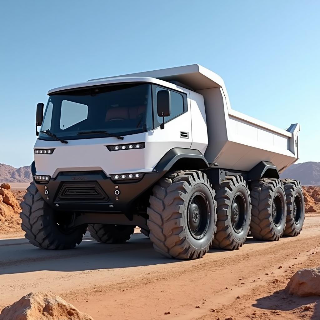 A robust electric dump truck designed for heavy-duty work, featuring a six-wheel configuration and rugged off-road tires