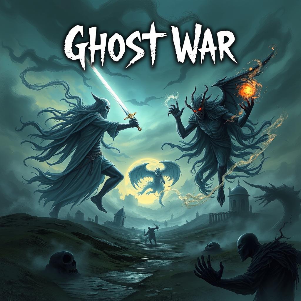 A dramatic and haunting scene capturing the essence of a ghostly war, featuring ethereal spirits battling in an otherworldly landscape filled with swirling mist and eerie shadows