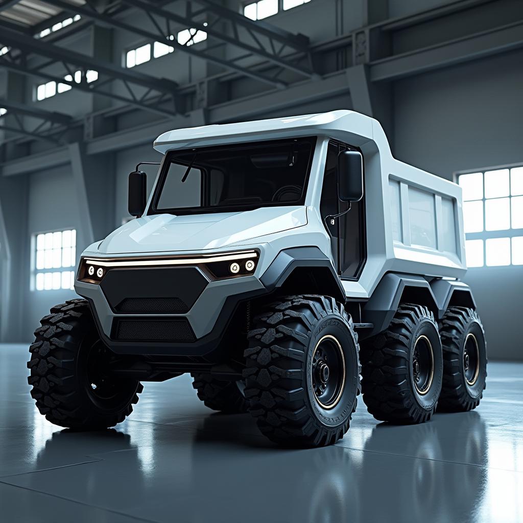A futuristic vision of a robust electric dump truck with a capacity of 15 cubic meters, featuring a six-wheel design equipped with rugged off-road tires
