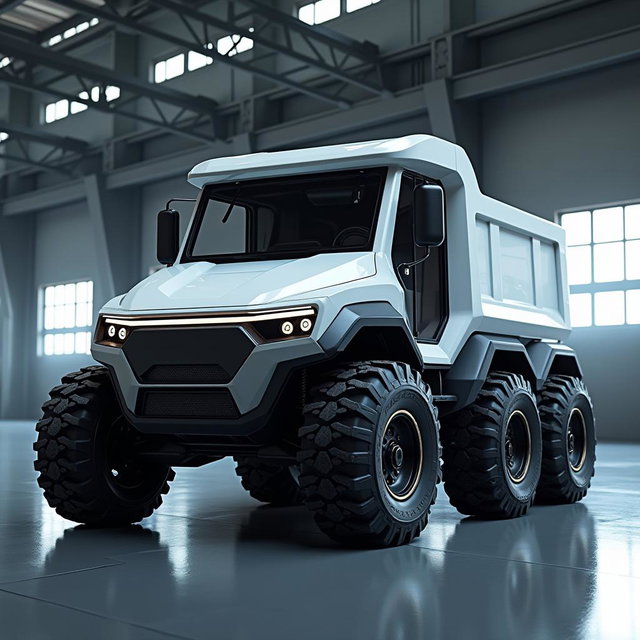 A futuristic vision of a robust electric dump truck with a capacity of 15 cubic meters, featuring a six-wheel design equipped with rugged off-road tires