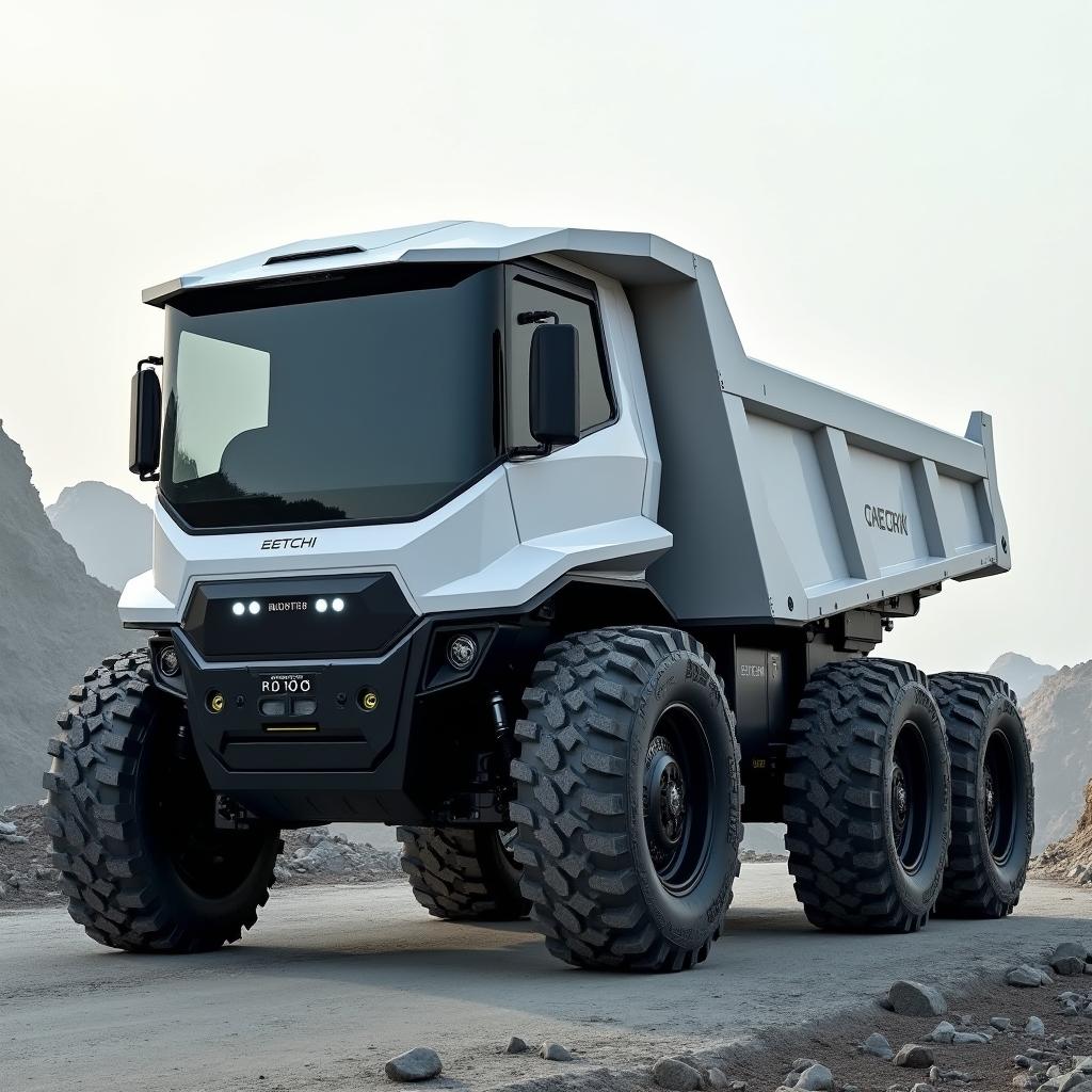 A futuristic, robust electric dump truck with a capacity of 15 cubic meters, featuring six wheels equipped with rugged off-road tires