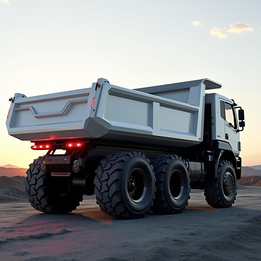 A futuristic, robust electric dump truck with a 15 cubic meter capacity, featuring a six-wheel design and rugged off-road tires