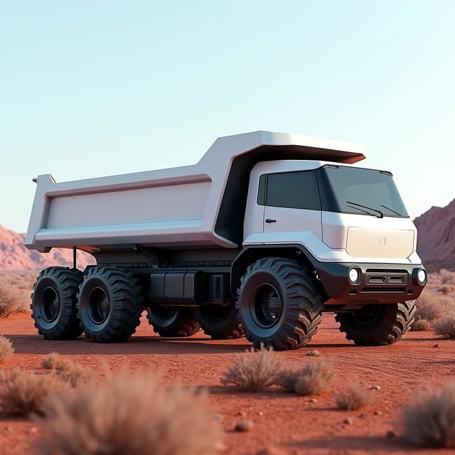 A futuristic robust electric dump truck with a 15 cubic meter capacity, featuring a six-wheel configuration and rugged off-road tires