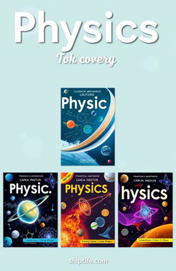 A series of stunning and eye-catching physics book covers, featuring diverse themes such as classical mechanics, quantum physics, and relativity