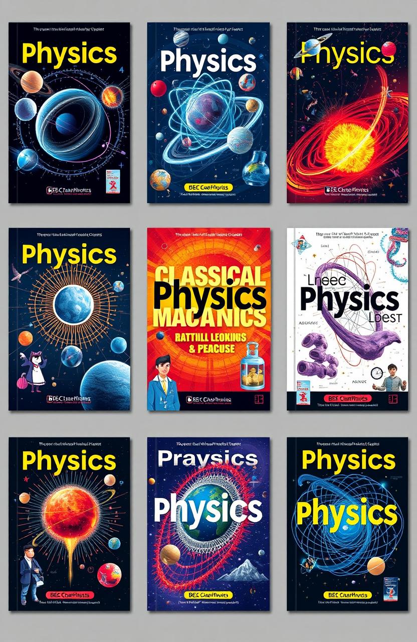 A series of stunning and eye-catching physics book covers, featuring diverse themes such as classical mechanics, quantum physics, and relativity