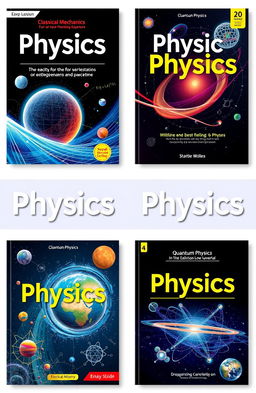 A series of stunning and eye-catching physics book covers, featuring diverse themes such as classical mechanics, quantum physics, and relativity
