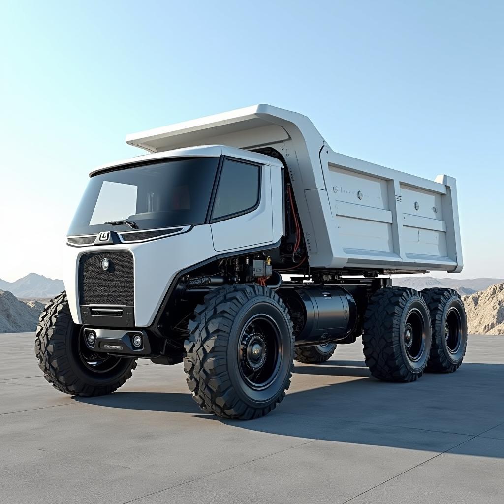 A futuristic robust electric dump truck with a capacity of 15 cubic meters, featuring a six-wheel configuration and rugged off-road tires