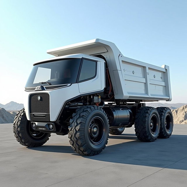 A futuristic robust electric dump truck with a capacity of 15 cubic meters, featuring a six-wheel configuration and rugged off-road tires