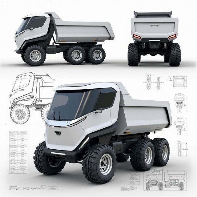 A futuristic electric dump truck designed for heavy-duty work, featuring a 15 cubic meters capacity, a six-wheel configuration, and rugged off-road tires