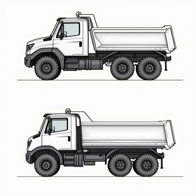 An AutoCAD drawing of a robust full electric dump truck with a capacity of 15 cubic meters