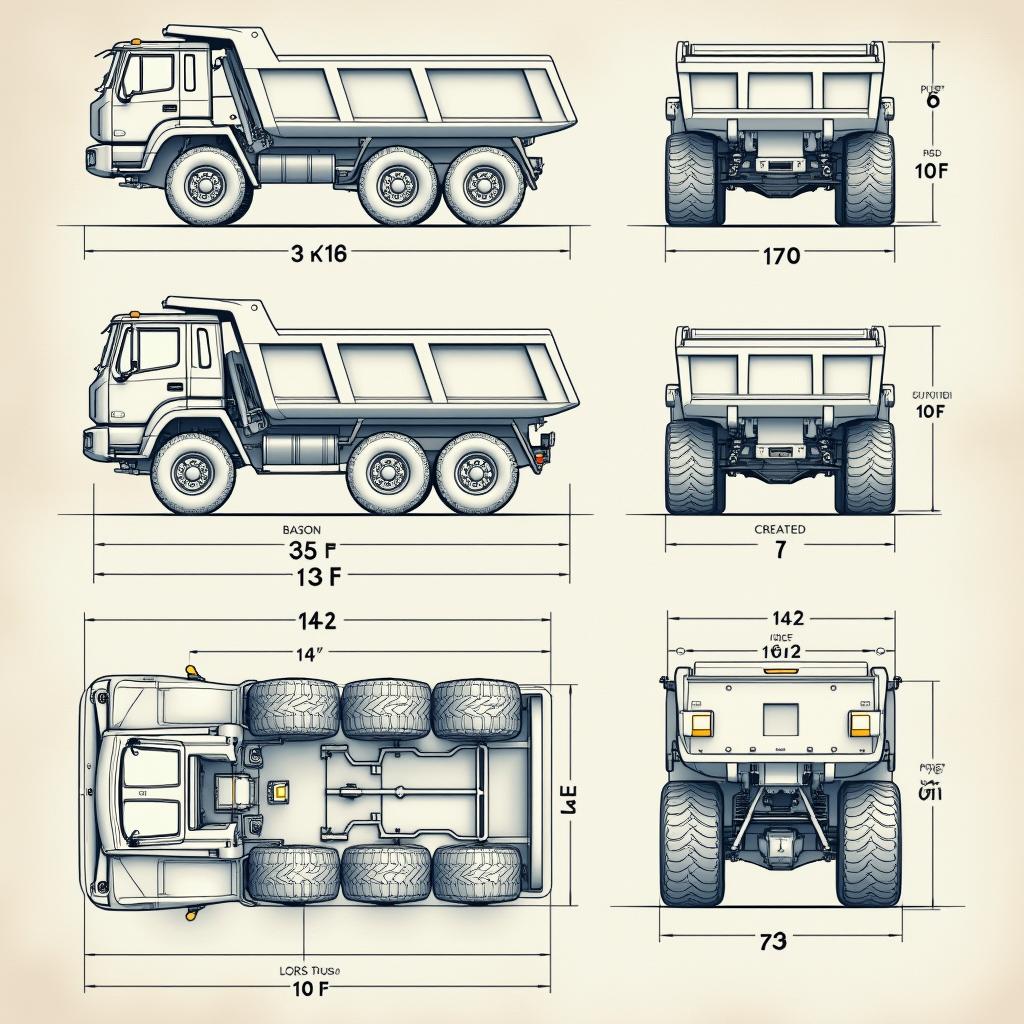 A detailed set of mechanical engineering plans for a robust electric dump truck with a capacity of 15 cubic meters