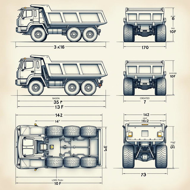 A detailed set of mechanical engineering plans for a robust electric dump truck with a capacity of 15 cubic meters