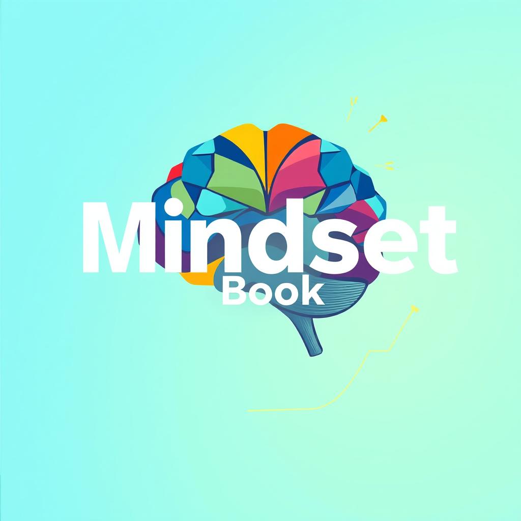 Uma capa de livro impactante com o título 'Mindset Book', apresentando uma ilustração de um cérebro humano estilizado, composto por formas geométricas vibrantes que simbolizam inovação e pensamento positivo
