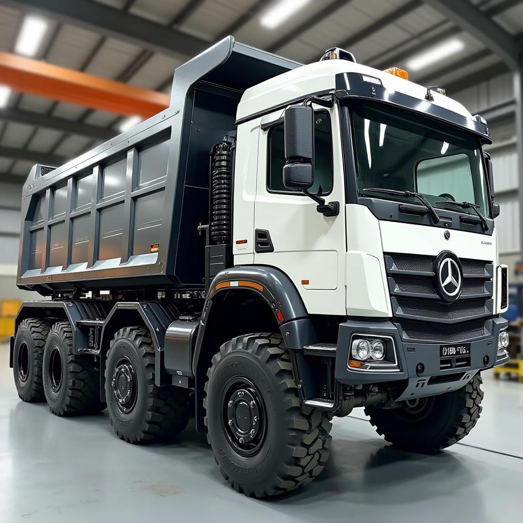 A detailed metal structure of a robust electric dump truck with a capacity of 15 cubic meters, featuring a sturdy six-wheel design equipped with rugged off-road tires