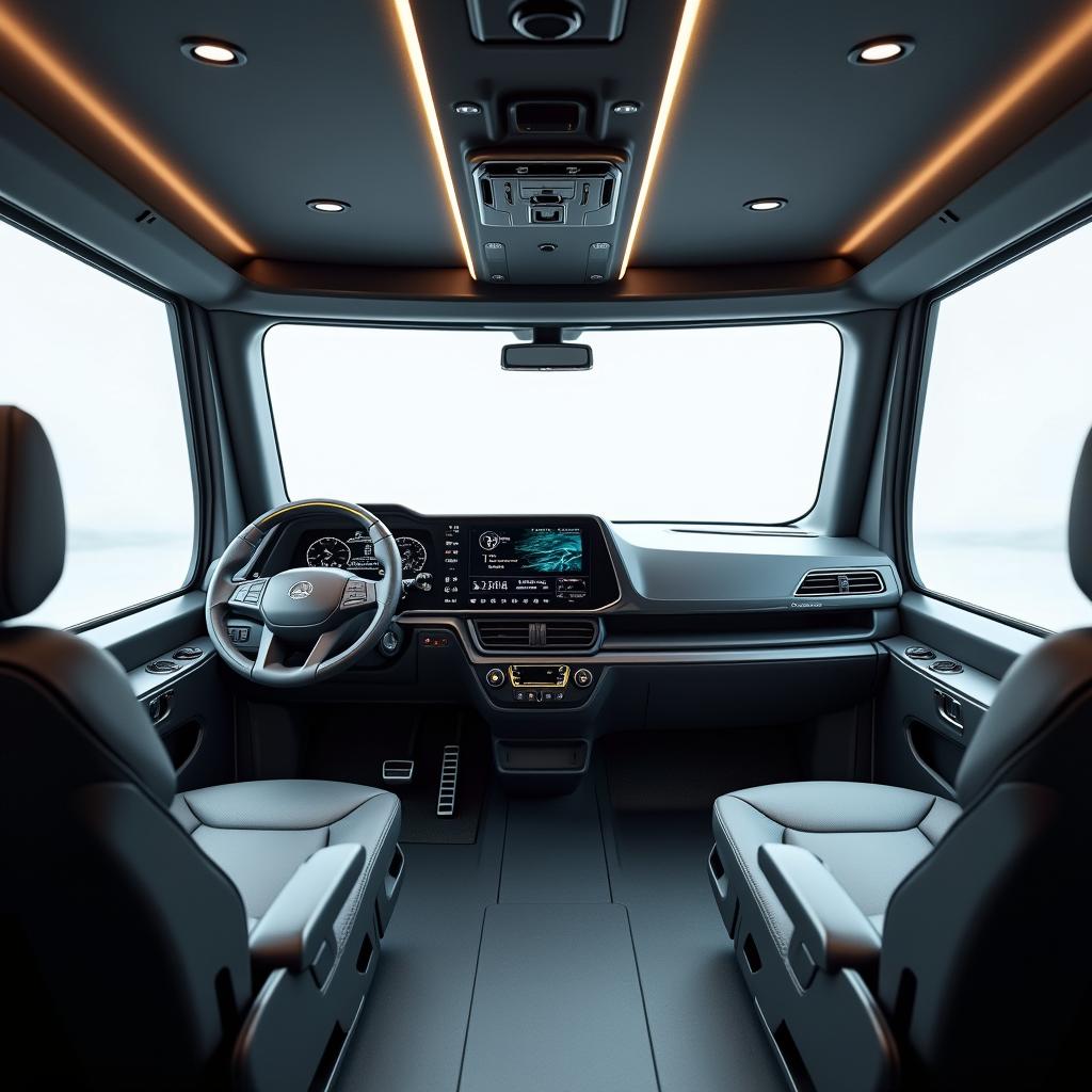 The interior cabin of a futuristic full electric dump truck with a capacity of 15 cubic meters, designed for heavy-duty work