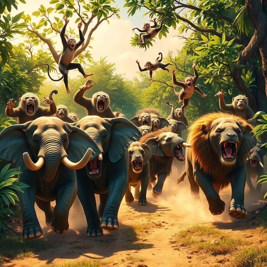 A vibrant and dynamic scene featuring an army of various animals charging forward with a sense of urgency and excitement