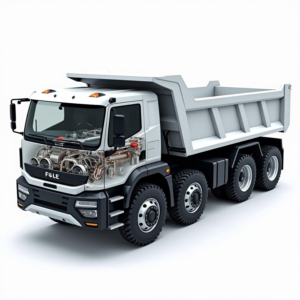 Detailed illustration of the electric engine and battery bank of a full electric dump truck with a capacity of 15 cubic meters
