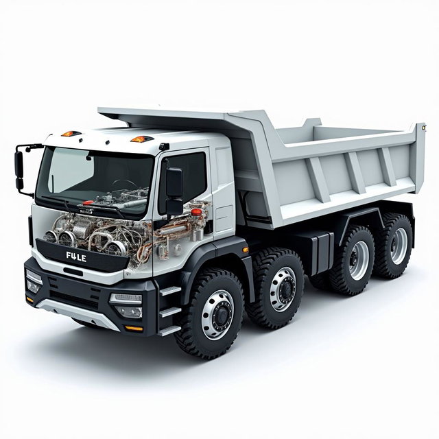 Detailed illustration of the electric engine and battery bank of a full electric dump truck with a capacity of 15 cubic meters