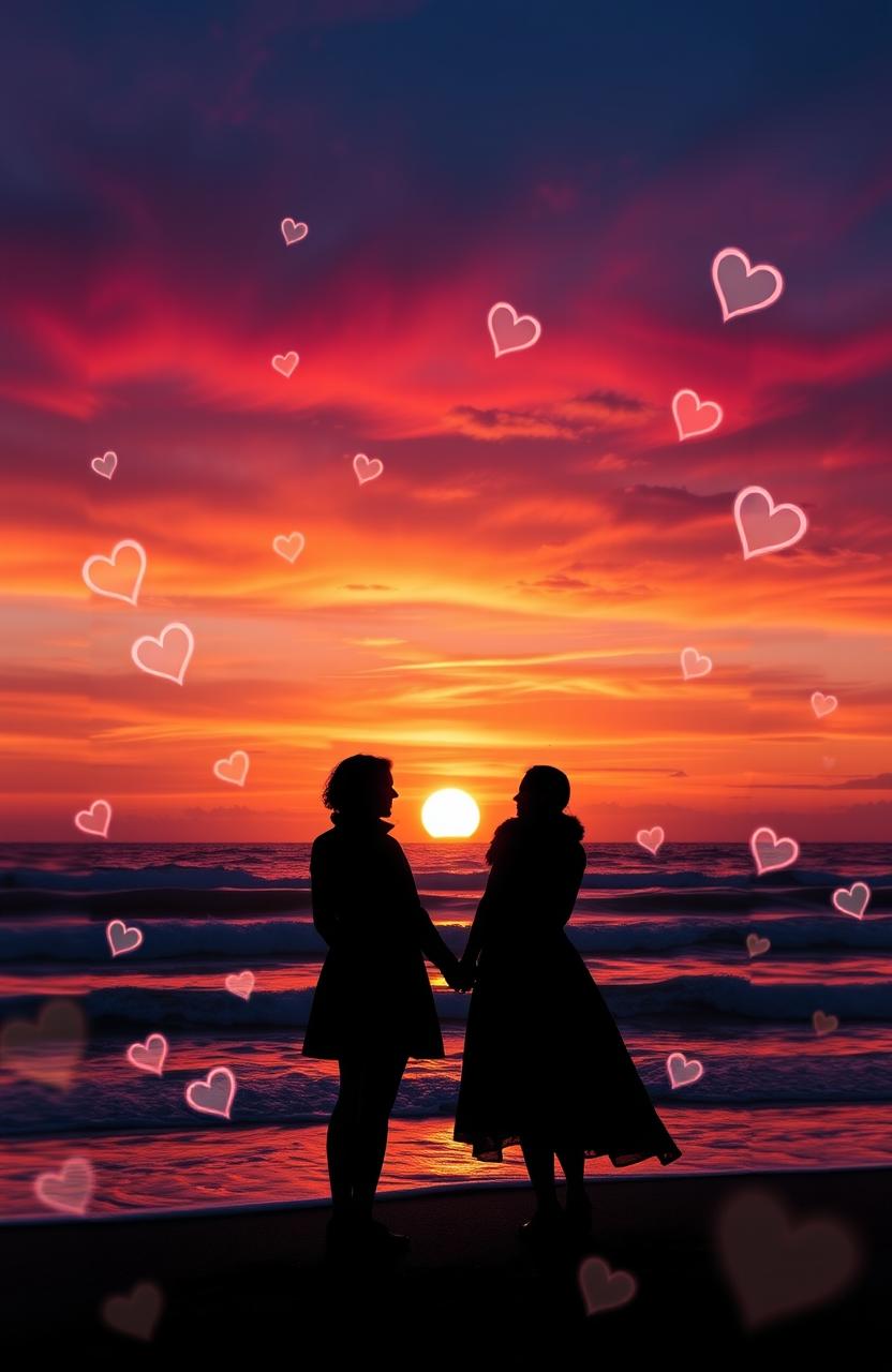 A romantic scene depicting two silhouettes standing on a beach during sunset, their hands intertwined, facing the horizon where ocean waves gently lap against the shore