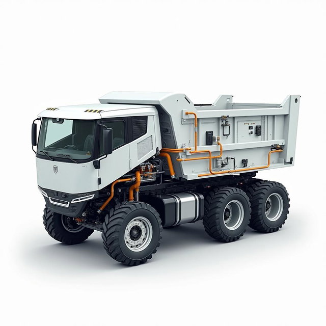 A detailed illustration of the battery bank system of a full electric dump truck designed for heavy-duty work, featuring a 15 cubic meters capacity, six wheels, rugged off-road tires, and a sleek white cabin