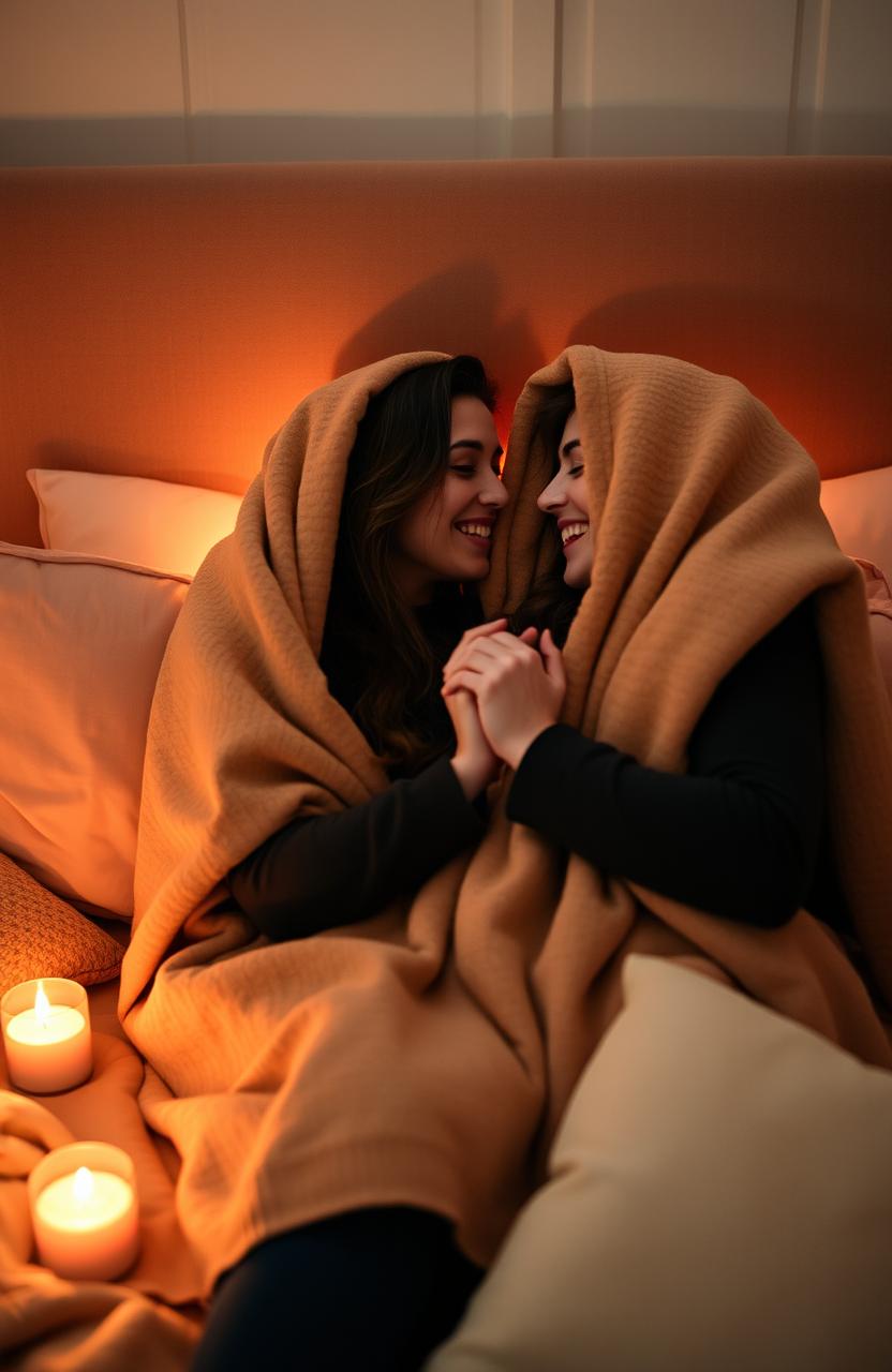 A cozy scene of a couple nestled under a warm blanket in a softly lit room, the dim light creating a romantic atmosphere