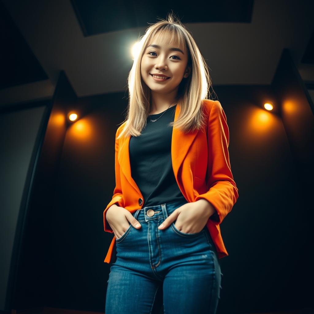 A perfect portrait in fisheye lens style of a young Chinese woman with straight two-tone blonde hair and a sweet smile on her face, standing confidently in a modern room