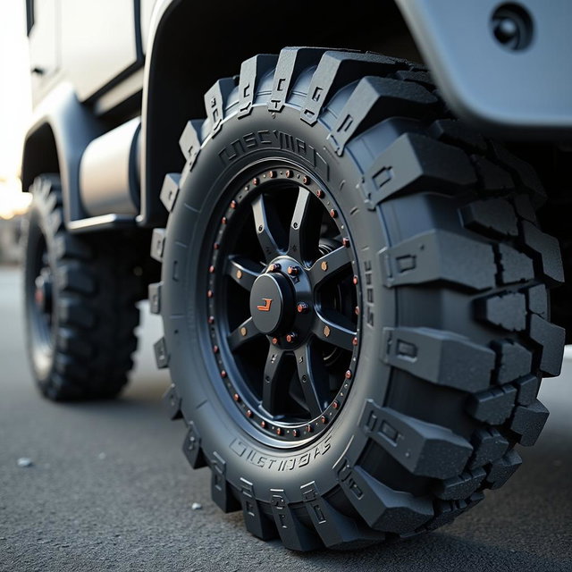 A close-up view of a dump truck featuring electric engines integrated within the wheels, showcasing a modern and innovative design