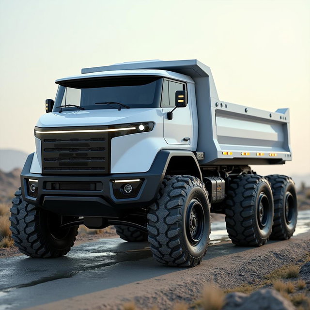 A full electric dump truck featuring a 6x6 drive system equipped with innovative in-wheel electric motors