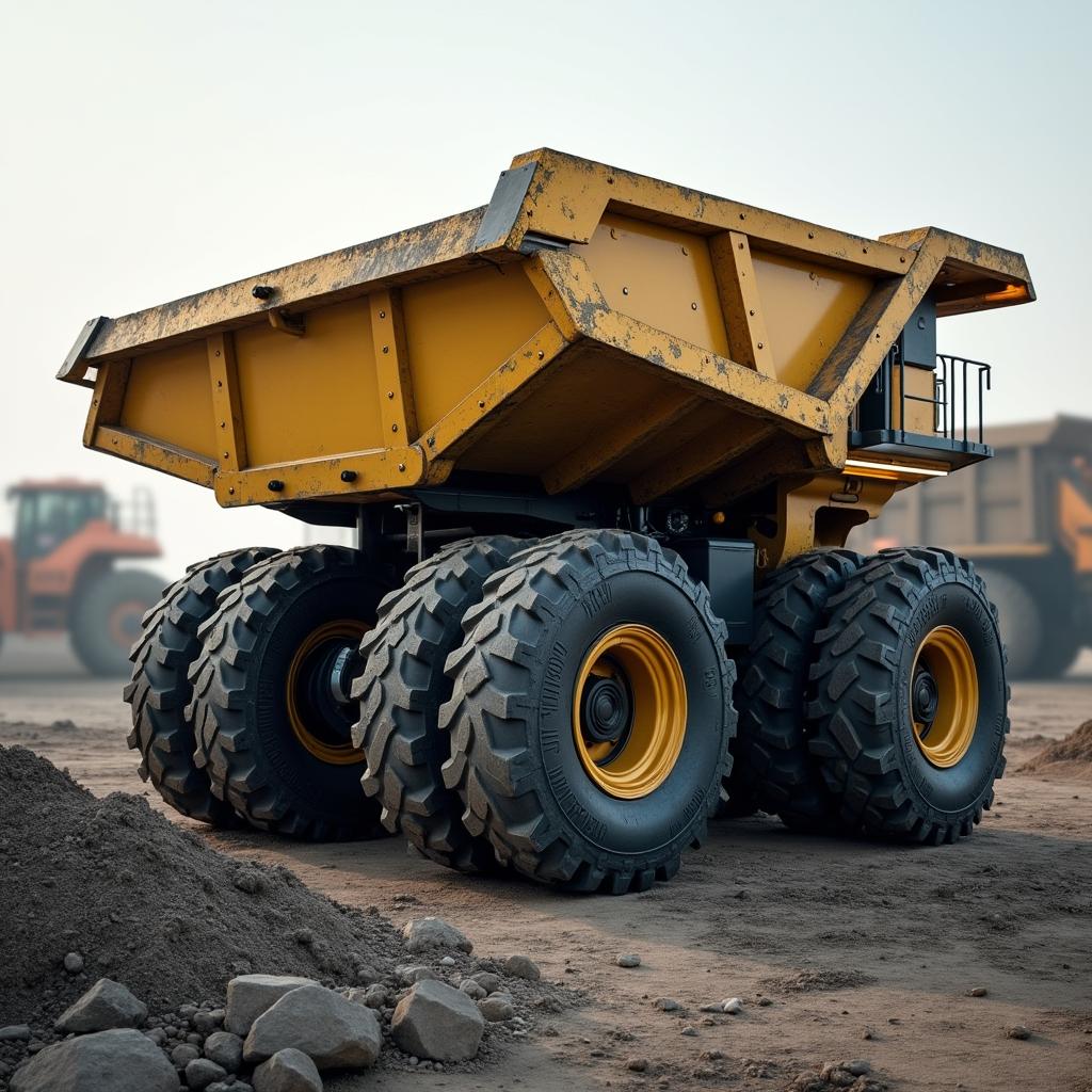 A detailed back view of a 6x6 drive system featuring in-wheel electric motors designed for a full electric dump truck