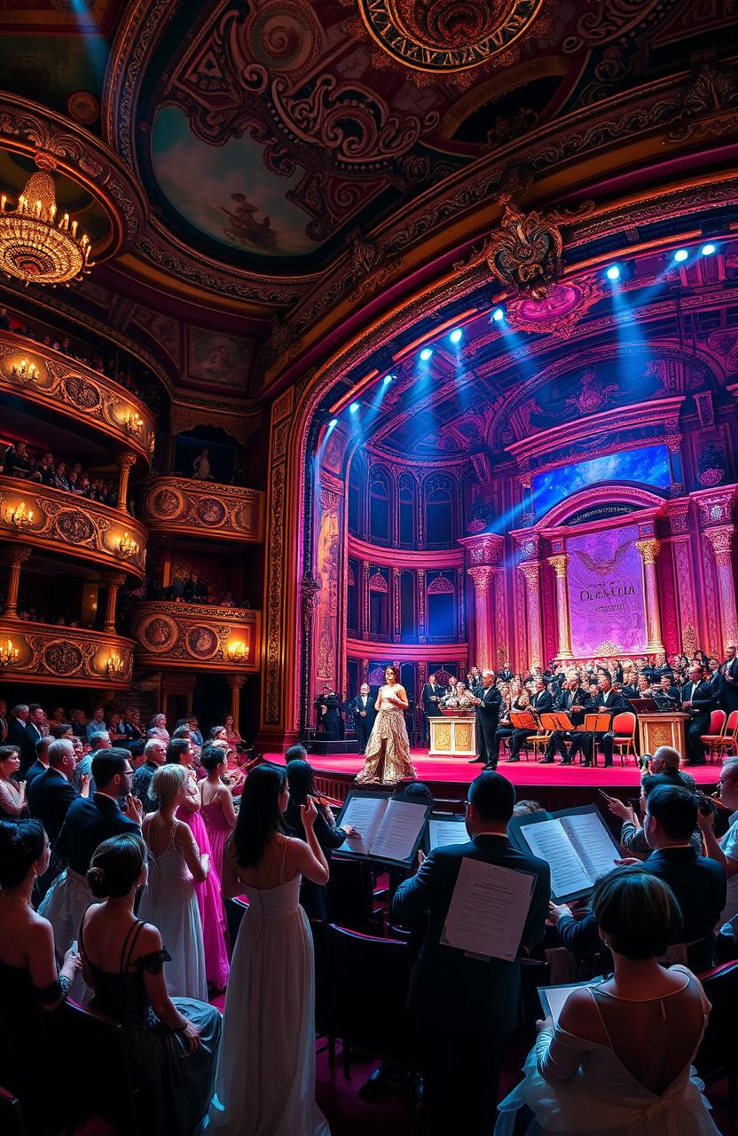 A vibrant opera scene, showcasing an extravagant theater with ornate decorations and an elaborate stage