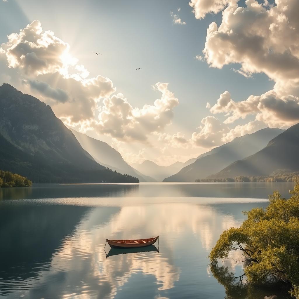 A serene landscape of a tranquil lake surrounded by majestic mountains