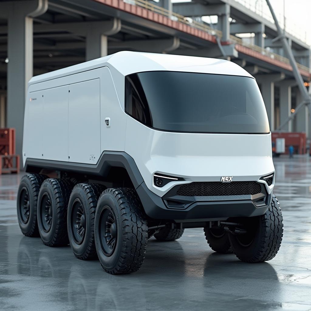 A futuristic design of a 15 cubic meter electric truck featuring electric motors installed within each of its six wheels for enhanced efficiency and power
