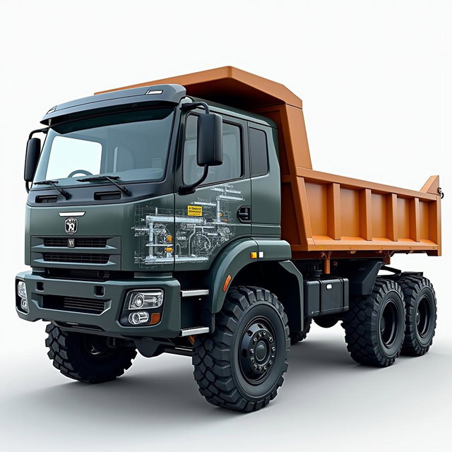 A full electric dump truck with a capacity of 15 cubic meters, showcasing detailed views of the electric motors integrated into each wheel, highlighting advanced electric vehicle technology