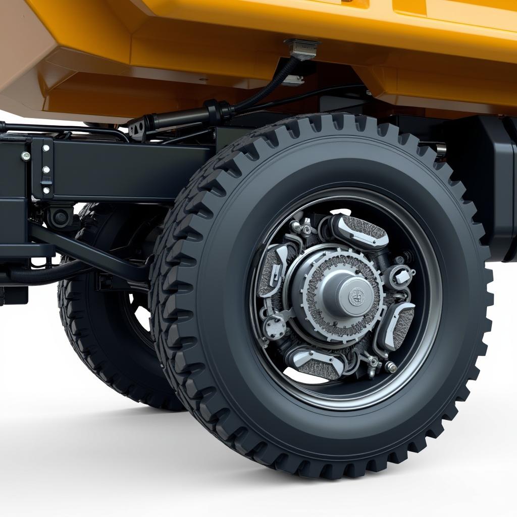 A detailed close-up image of in-wheel electric motors used for a dump truck, showcasing the intricate engineering and technology behind each motor