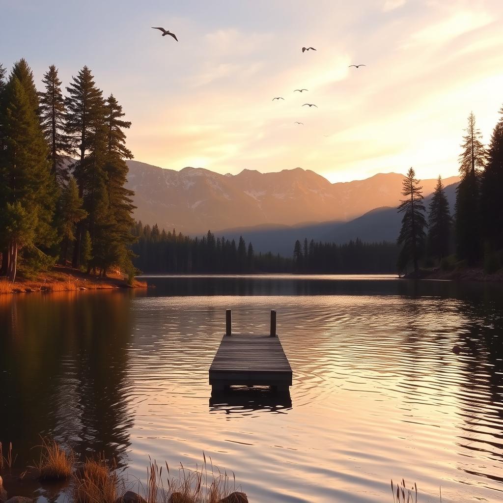 A serene landscape featuring a tranquil lake surrounded by towering pine trees, with a small wooden dock extending into the water