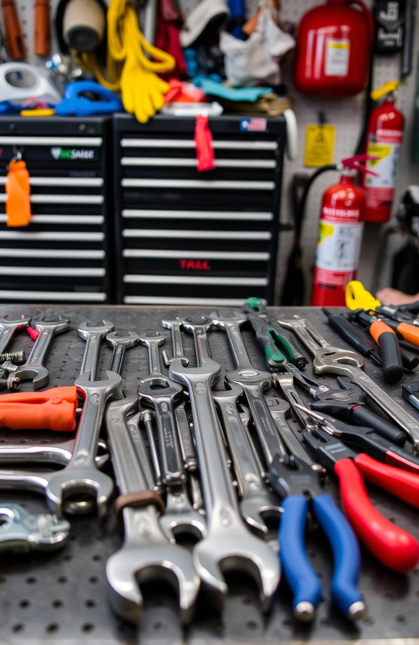 An array of automotive tools displayed on a workshop bench, including wrenches, screwdrivers, pliers, and a mechanic's tool chest